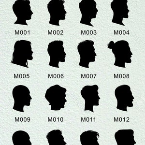 May include: A set of 16 silhouette images of different men's hairstyles, labeled M001 through M016. The images are in black and white and are arranged in a grid.