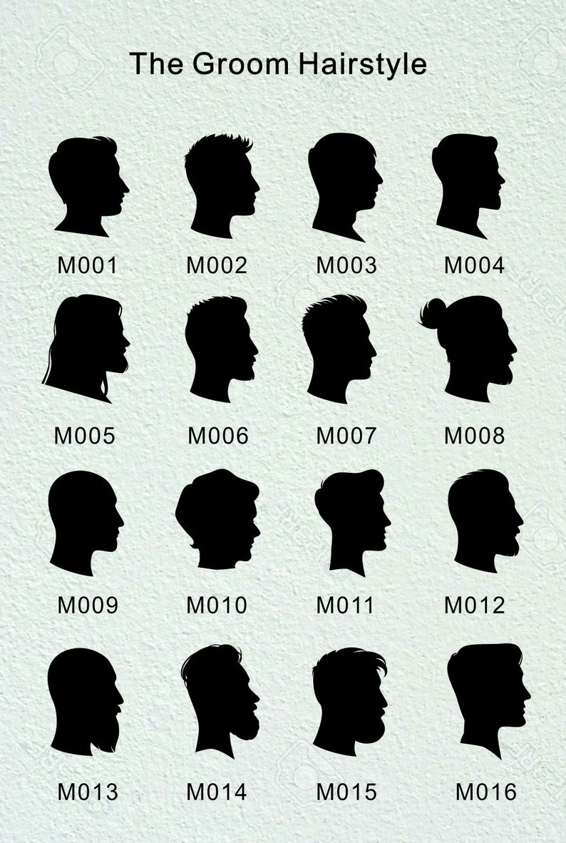 May include: A set of 16 silhouette images of different men's hairstyles, labeled M001 through M016. The images are in black and white and are arranged in a grid.