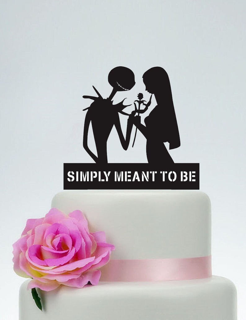Wedding Cake Topper,Simply Meant To Be,Personalized Cake Topper,Jack Skellington Cake Topper, Jack and Sally, Halloween Wedding Topper P146 image 1