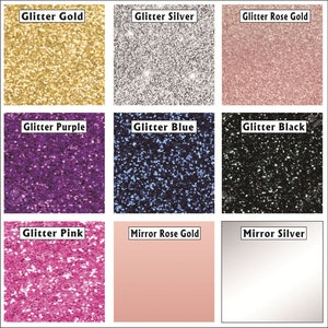Op de afbeelding: Negen verschillende kleuren glitter en spiegelafwerkingen. De kleuren zijn goud, zilver, ros&eacute; goud, paars, blauw, zwart, roze, spiegel ros&eacute; goud en spiegel zilver.
