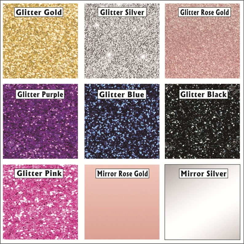Op de afbeelding: Negen verschillende kleuren glitter en spiegelafwerkingen. De kleuren zijn goud, zilver, ros&eacute; goud, paars, blauw, zwart, roze, spiegel ros&eacute; goud en spiegel zilver.