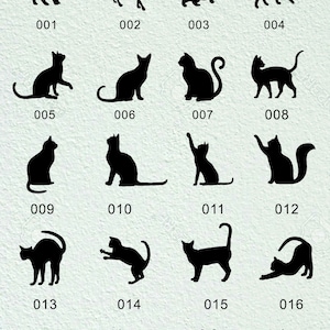 Op de afbeelding: Een grafiek met 20 zwarte silhouetbeelden van katten in verschillende poses. Elk beeld is genummerd van 001 tot 020.