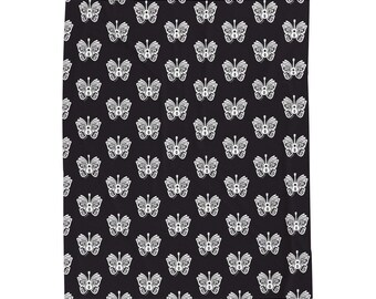 Monochrome Butterfly Pattern Velveteen Plush Blanket | Black White Moth Print