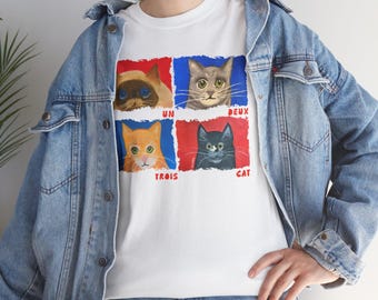 Un Deux Trois Cat Illustration Tee: Whimsical French Feline Art Shirt