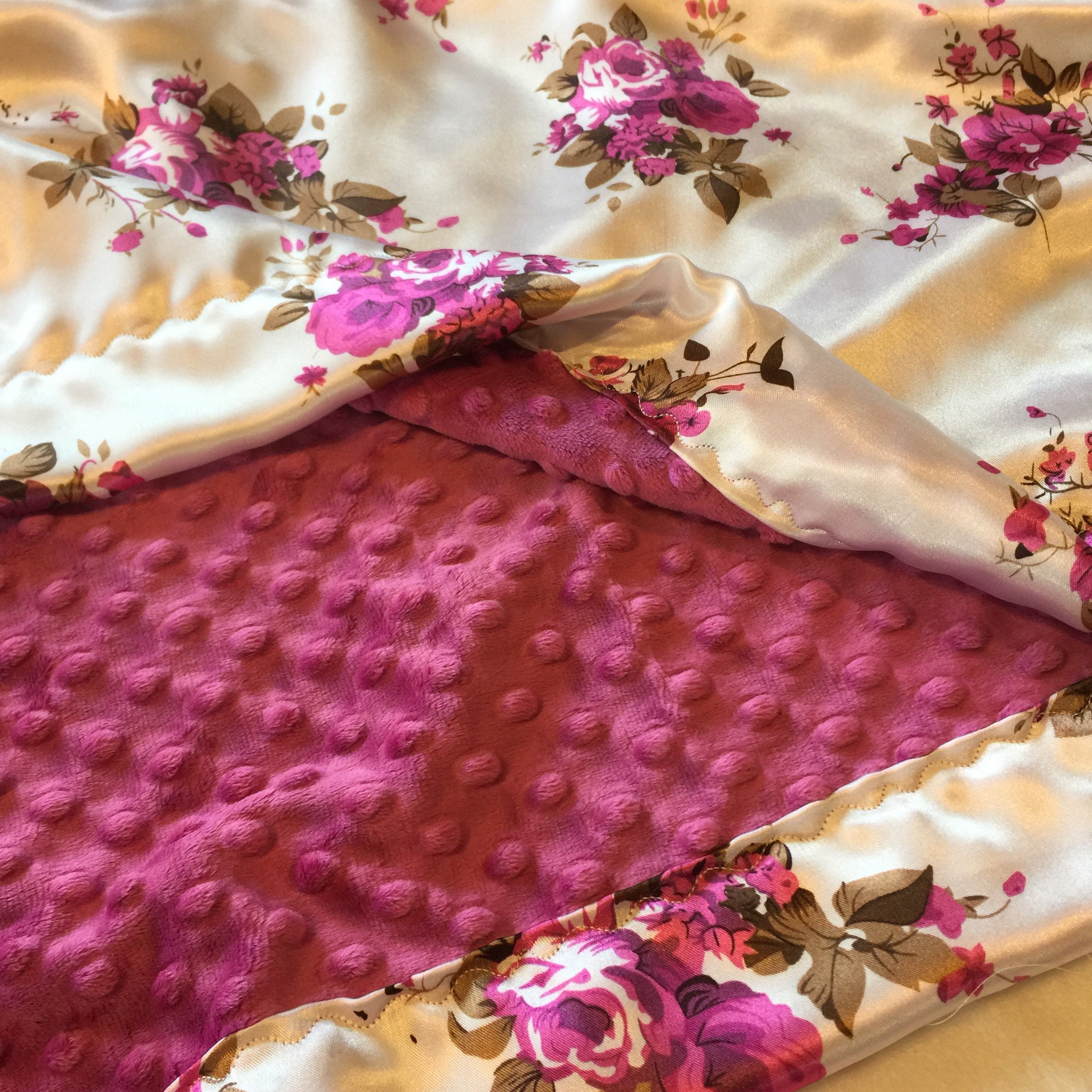 Silky Baby Blanket, raspberry minky front, backed and edged with