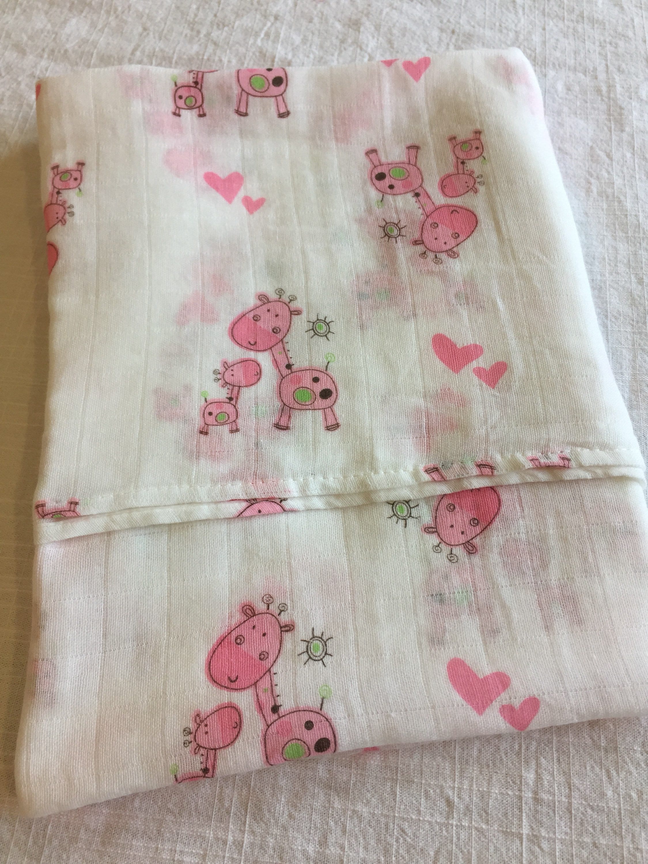 Double gauze swaddle, Muslin swaddle baby blanket, pink giraffe baby