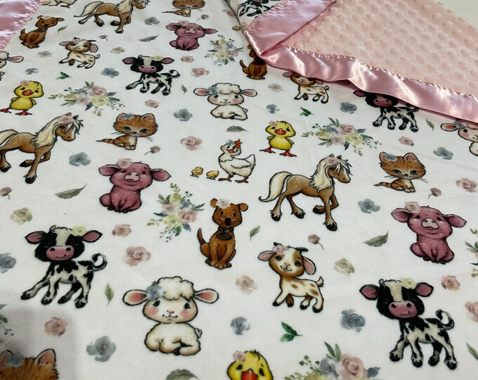 Farm Baby Blanket, Adorable custom horse farm blanket, measures 36x30, cozy minky front and back edged with satin trim