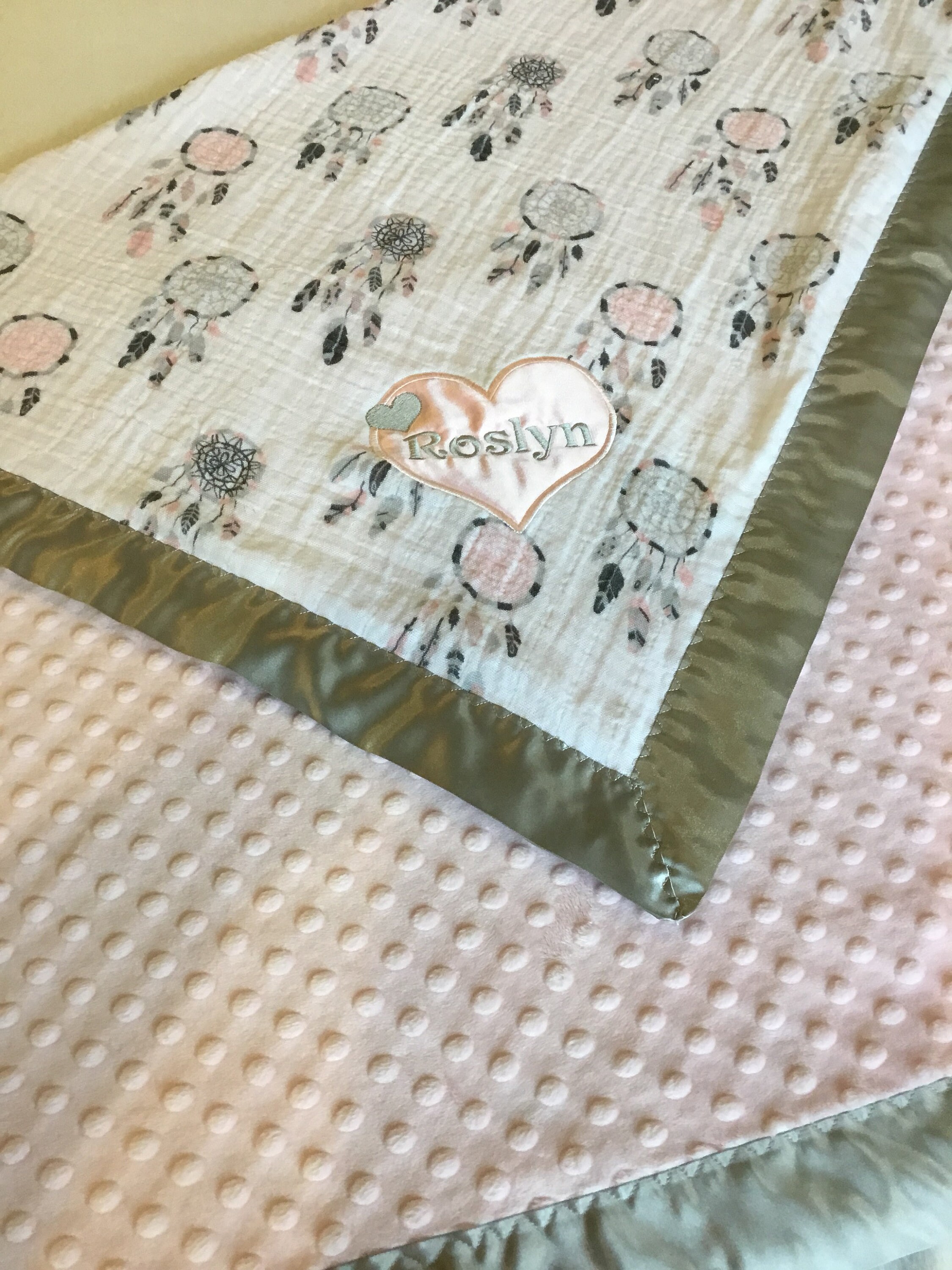 Dream Catcher Muslin Baby Blanket. Muslin front backed with pink cozy