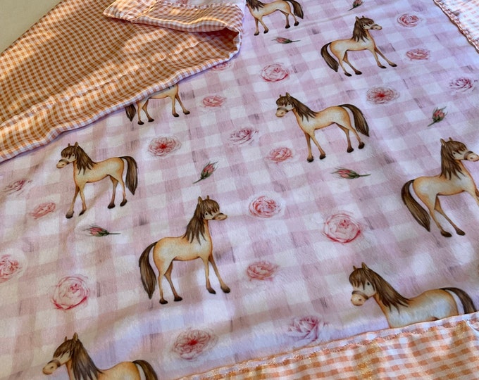 Farm Baby Blanket, Adorable custom horse baby blanket, 30x36 silky baby blanket, minky front backed and edged with beautiful silky satin