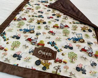 Farm Baby Blanket, Cozy minky front backed and edged with silky trim, unique baby shower gift, measures 30x40