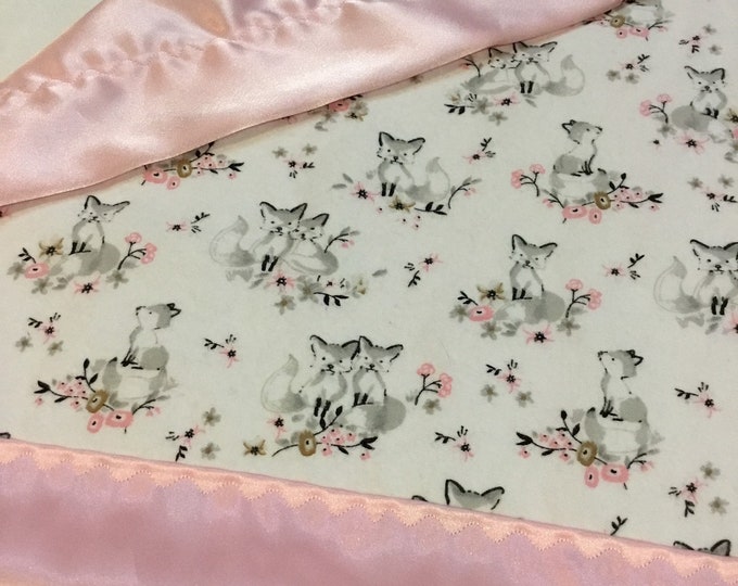 Lovey, baby blanket, crib blanket, silky blanket. Beautiful woodland flannel front, backed and edged with gray silky, 20x20, FOX