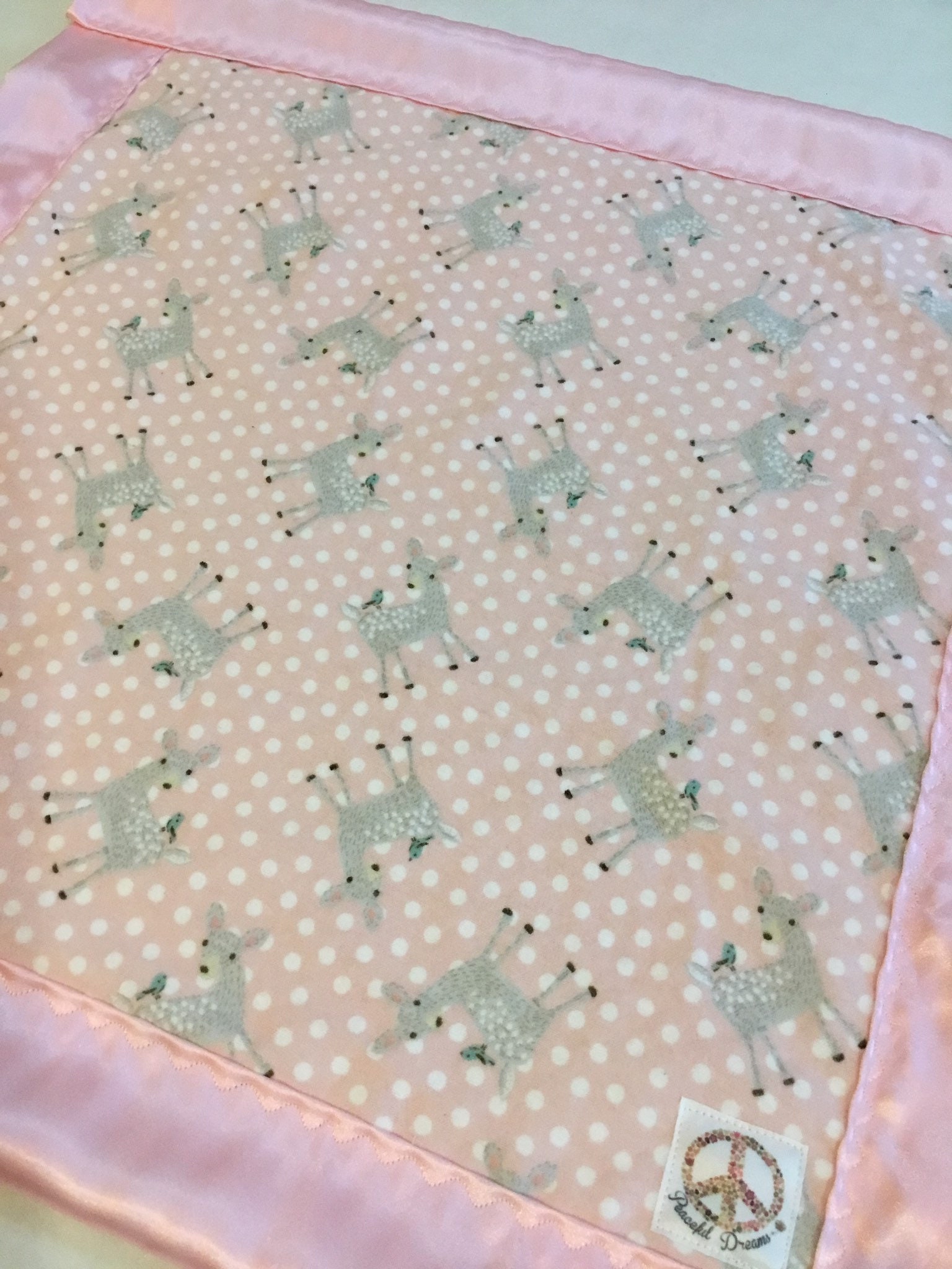 Lovey, baby blanket, crib blanket, silky blanket. Beautiful deer flannel front backed and edged