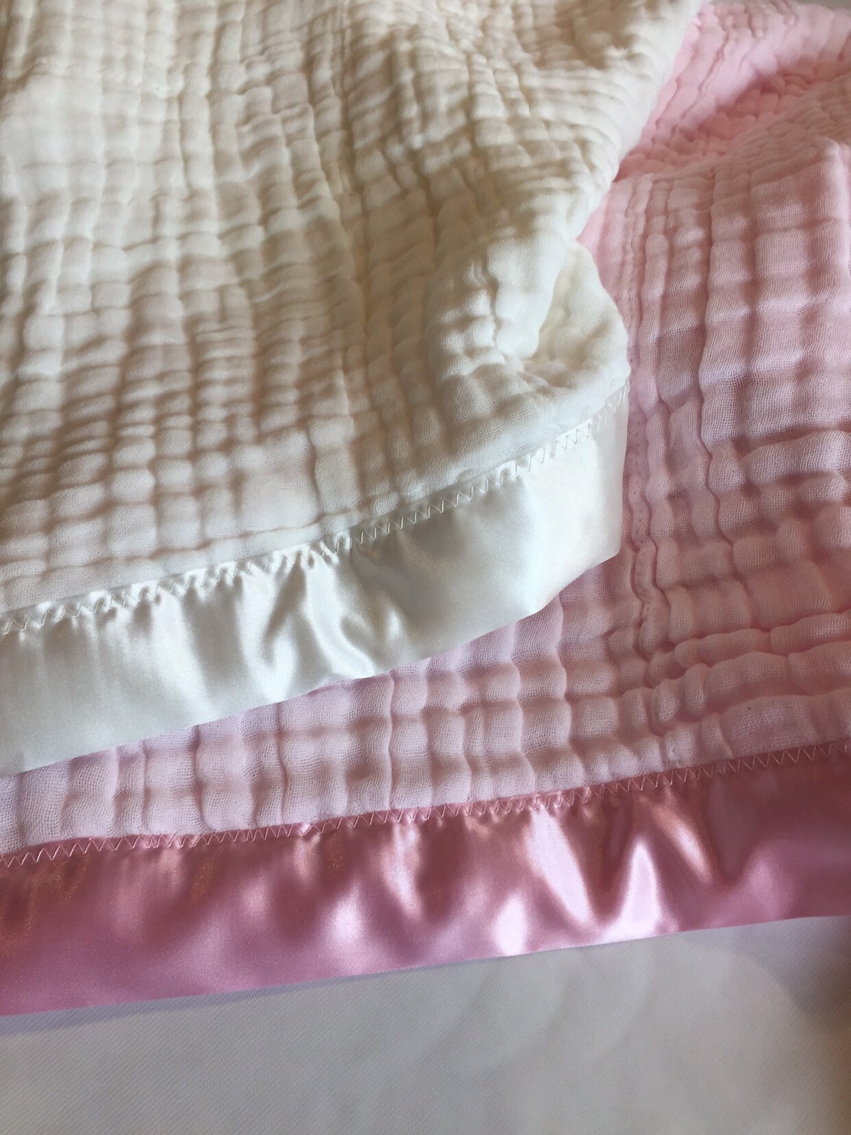 Baby Blanket, 6 layers of cotton muslin edged with satin trim, this