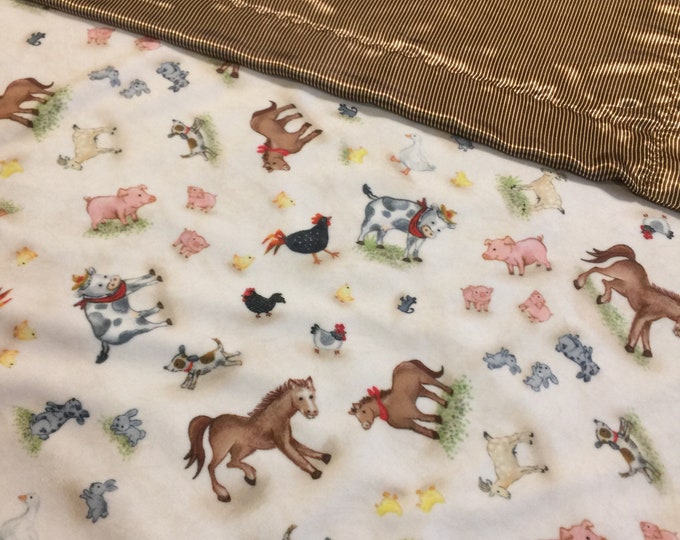 Plush farm silky baby blanket, cozy cuddle farm front, backed and edged with coordinating silky fabric, (Measures 30x40)