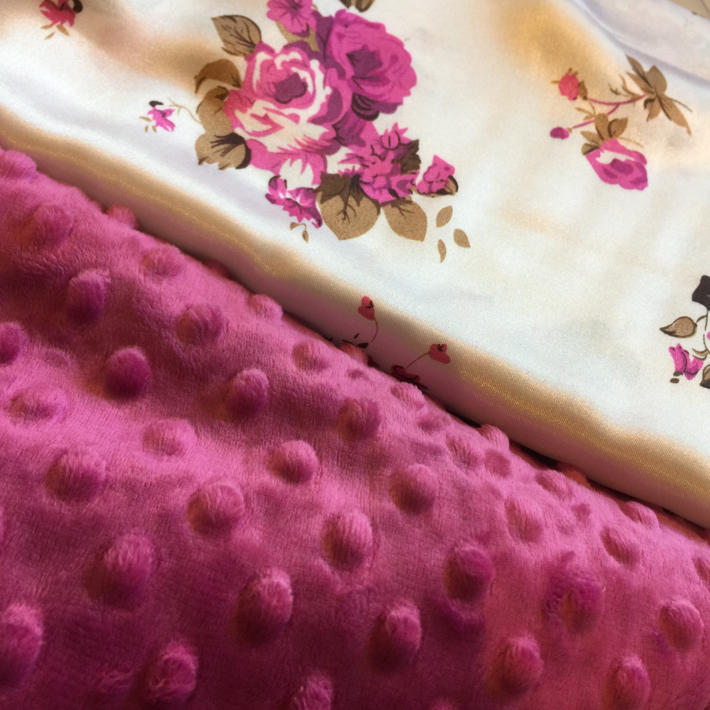 Silky Baby Blanket, raspberry minky front, backed and edged with