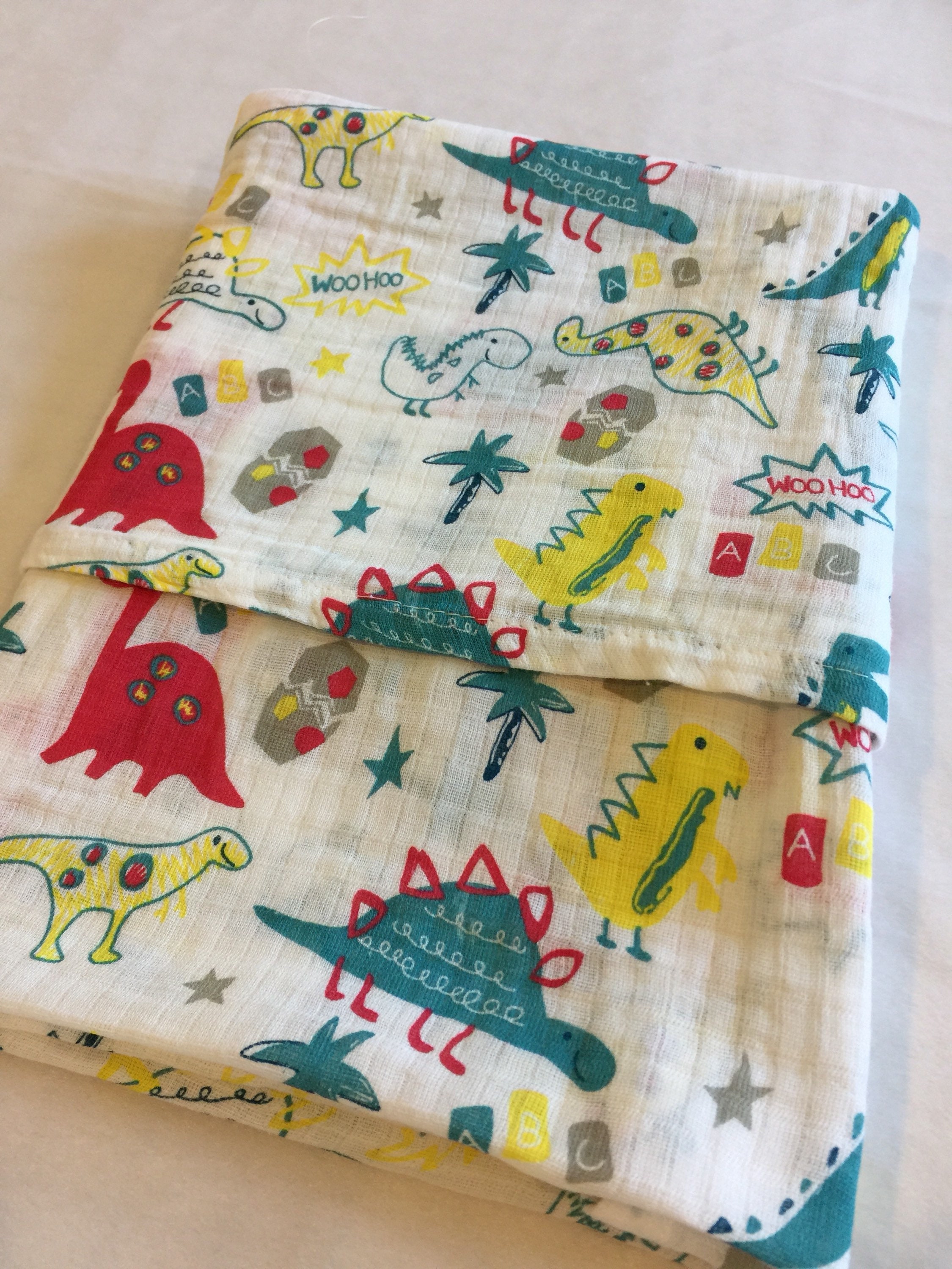 Double gauze swaddle, Muslin swaddle baby blanket, dinosaur baby