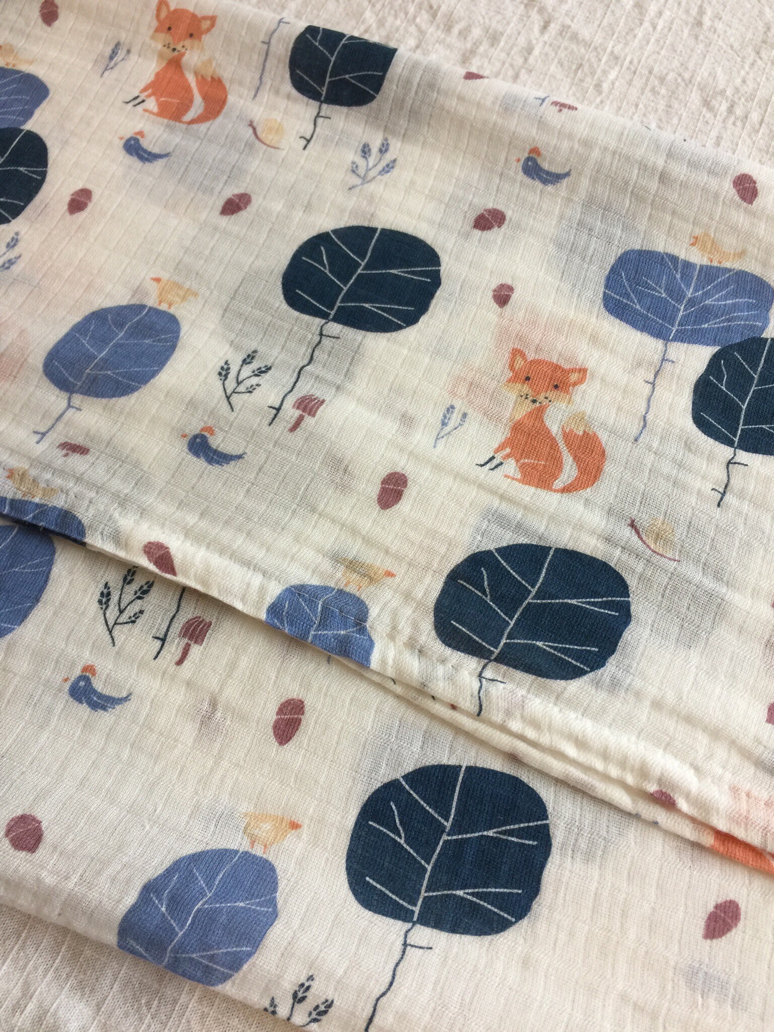 Double gauze swaddle, Muslin swaddle, fox, woodland swaddle blanket