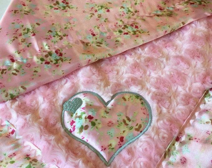 Baby blanket, Beautiful Rose Water pink cuddle front, backed & edged with pink floral silky satin fabric. Lovely Baby Blanket
