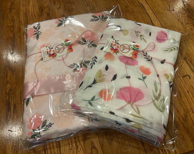 Custom listing Muslin floral swaddle and floral minky blanket with satin trim