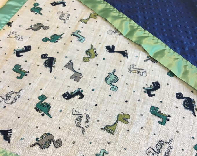 Dinosaur baby blanket, muslin front-backed with plush minky fabric-edgedwith silky fabric 30x35