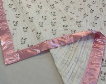 Bunny Rabbit baby blanket, 6 layers of cotton muslin edged with pink satin trim, measures approximately 38x40, Ready to ship