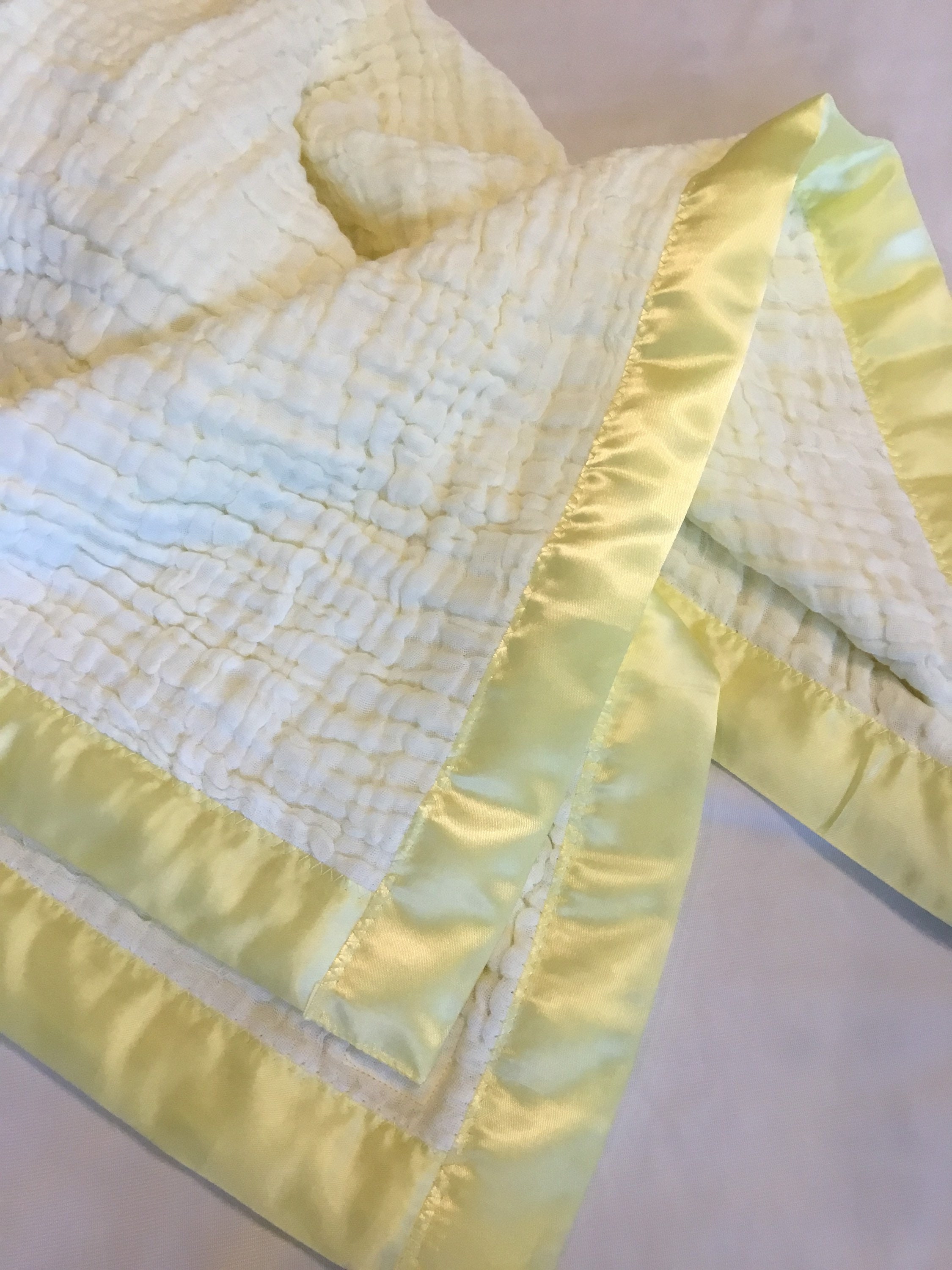 Baby Blanket, 6 layers of cotton muslin edged with satin trim, this