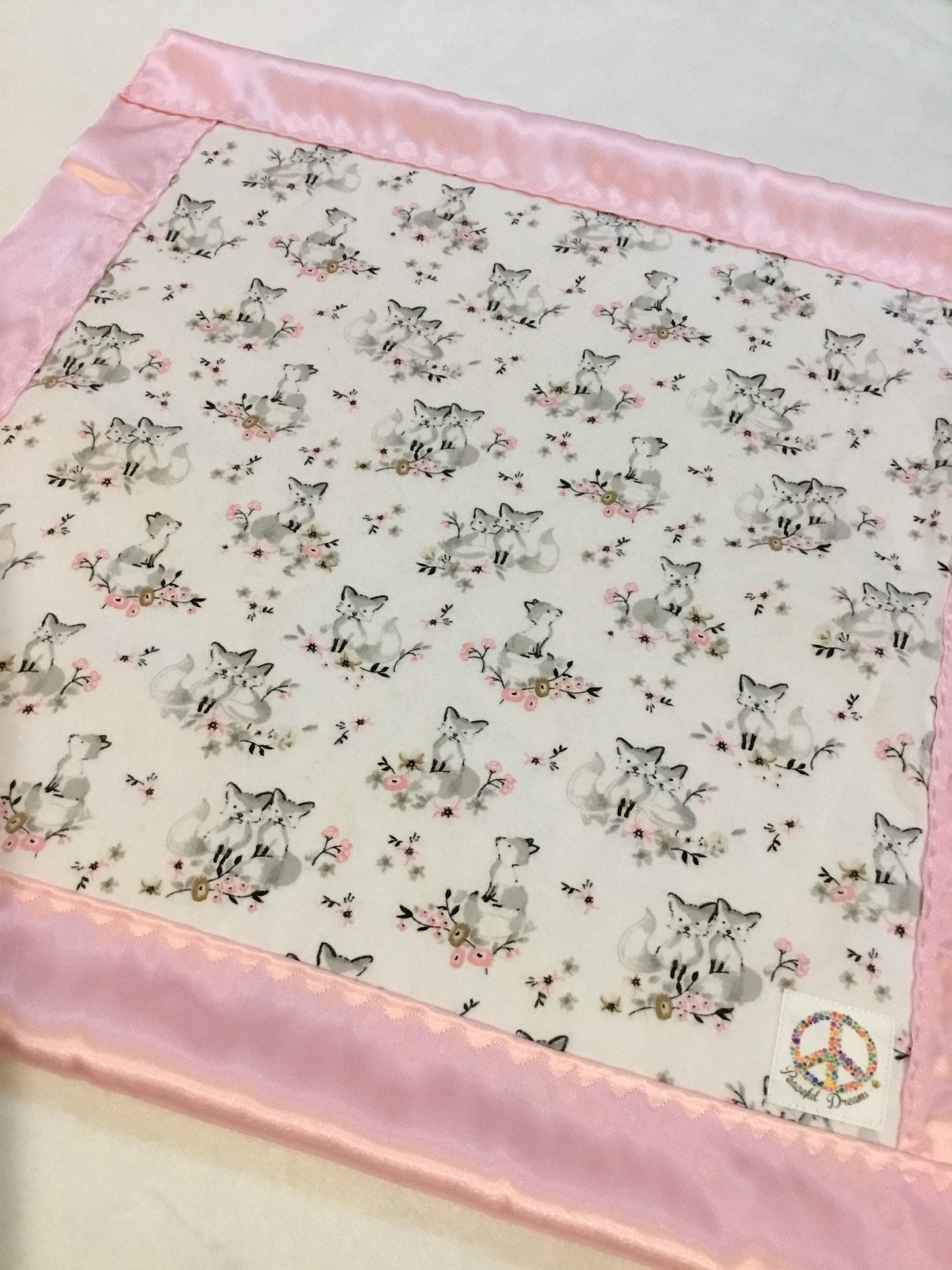 Lovey, baby blanket, crib blanket, silky blanket. Beautiful woodland flannel front, backed and