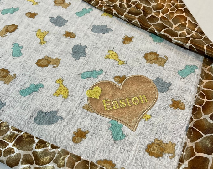 Adorable zoo animal lovey, fun zoo print muslin front-backed and edged with giraffe silky print, measures 20x20, great baby shower gift