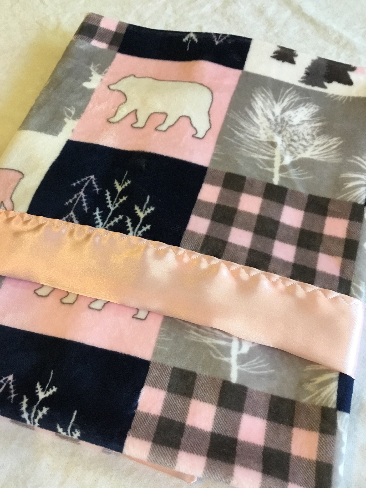 Baby Blanket, Plush front backed and edged with silky fabric 30x40