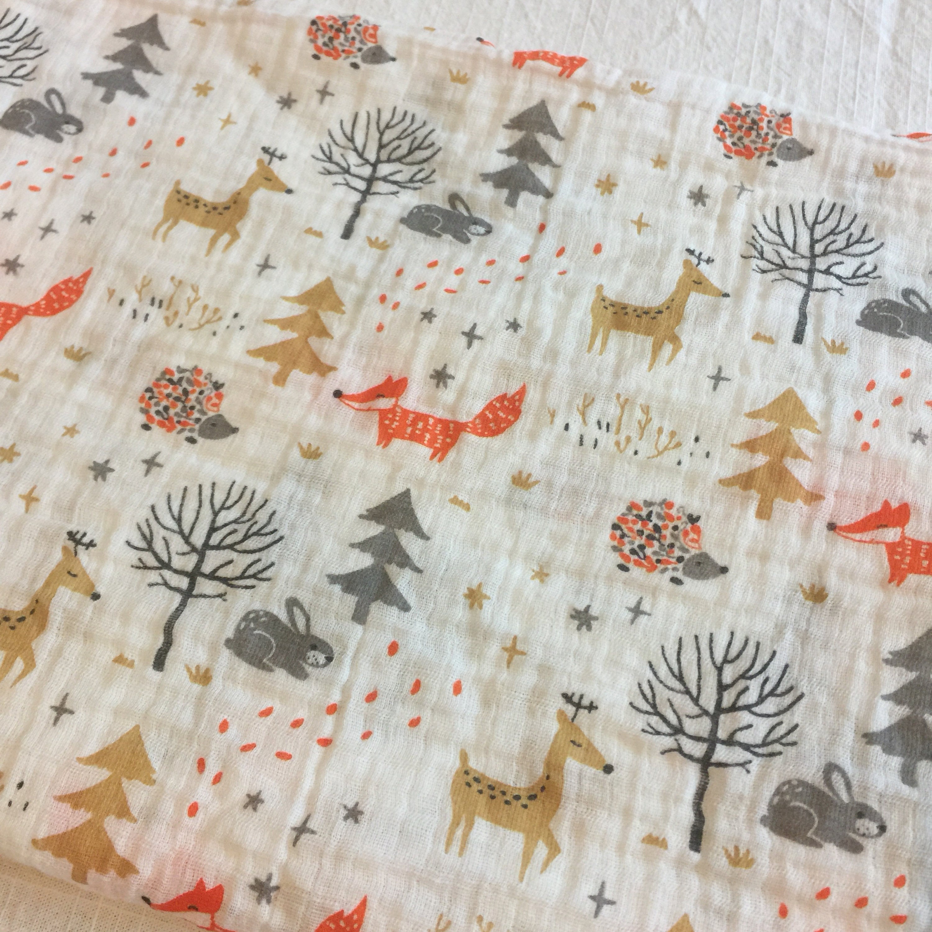 Double gauze swaddle, Muslin swaddle, baby blanket, woodland, fox, deer