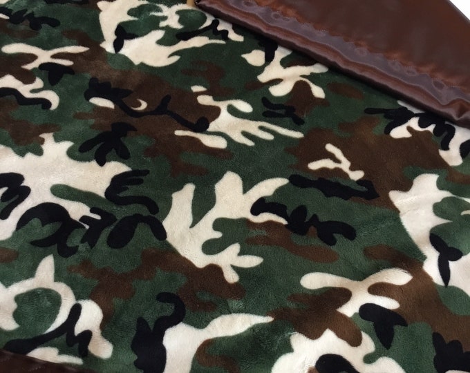 Camo Baby Blanket, approximately 30x40, plush minky front/backed and edged with silky fabric