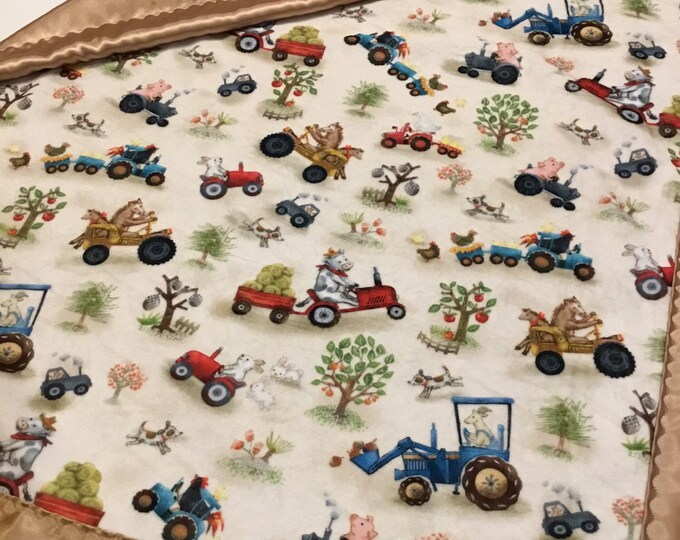 Plush farm silky baby blanket, cozy cuddle farm front, backed and edged with coordinating silky fabric, (Measures 30x40)