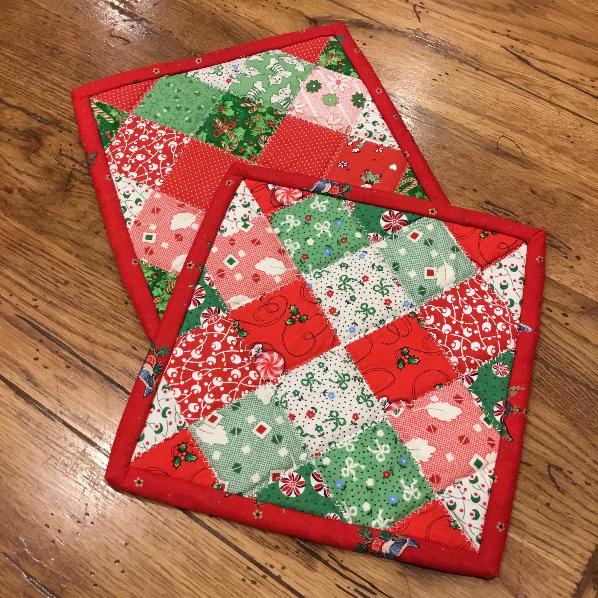 Quilted Pot Holders Heavy Duty Set of 2 Christmas Upcycled 