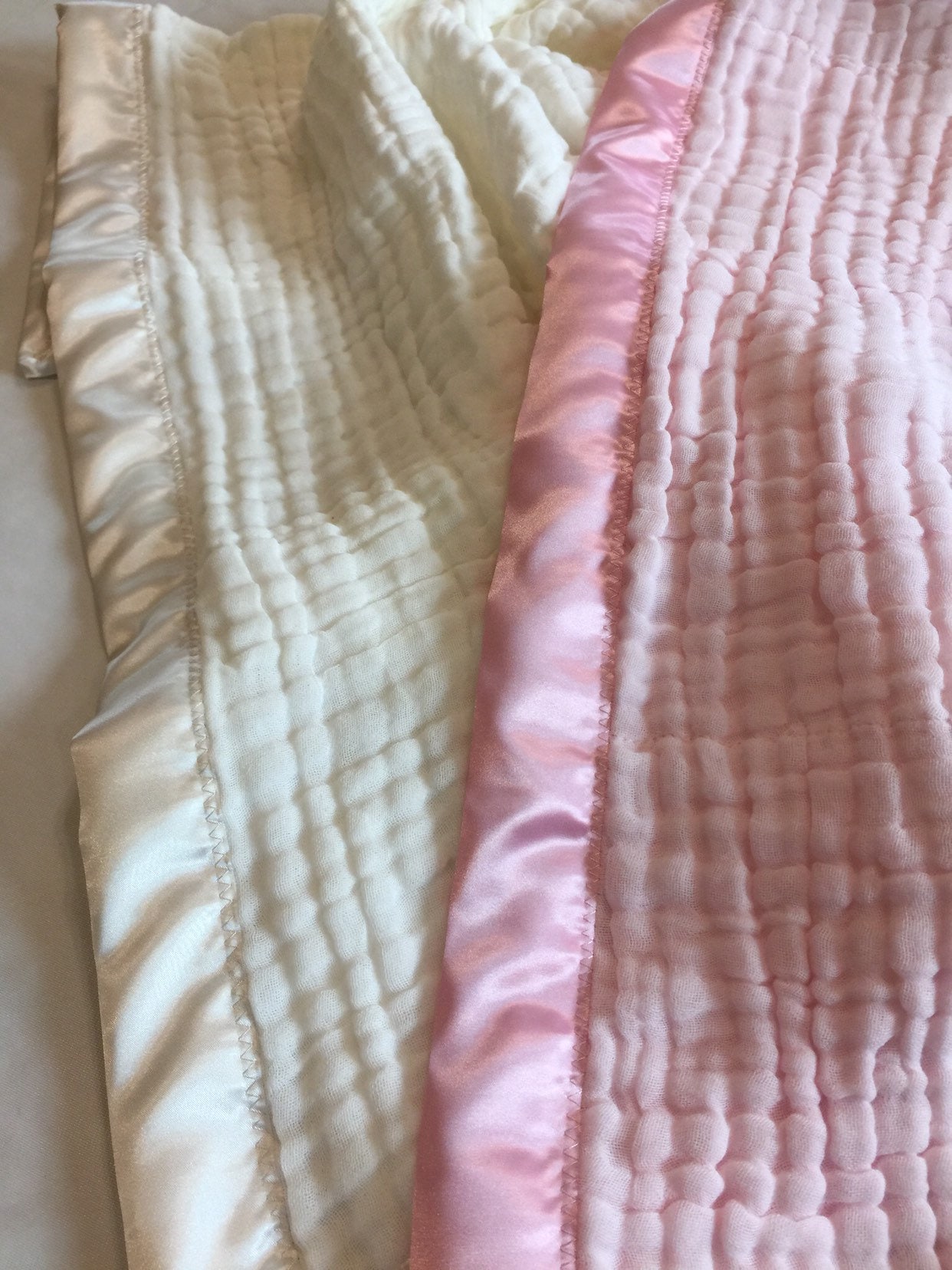 Baby Blanket, 6 layers of cotton muslin edged with satin trim, this