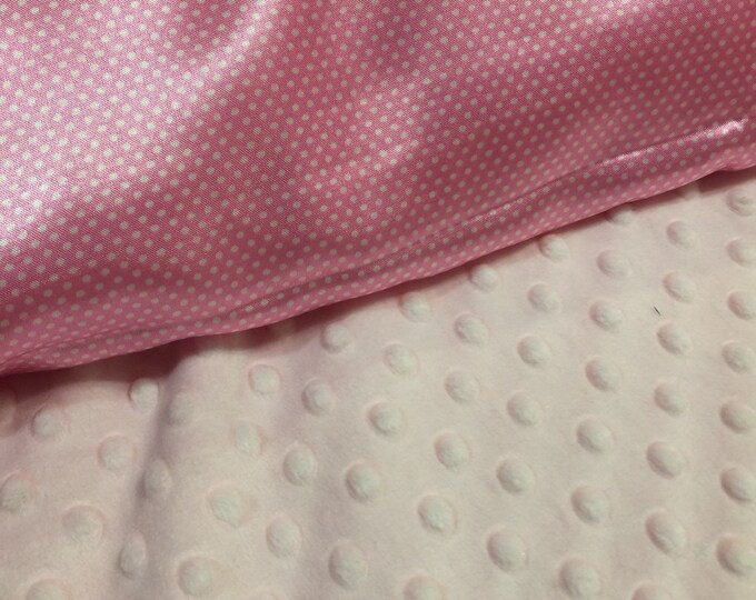 Baby lovey, approximately 20x20, pink dimple minky front backed and edged with pin dot silky fabric