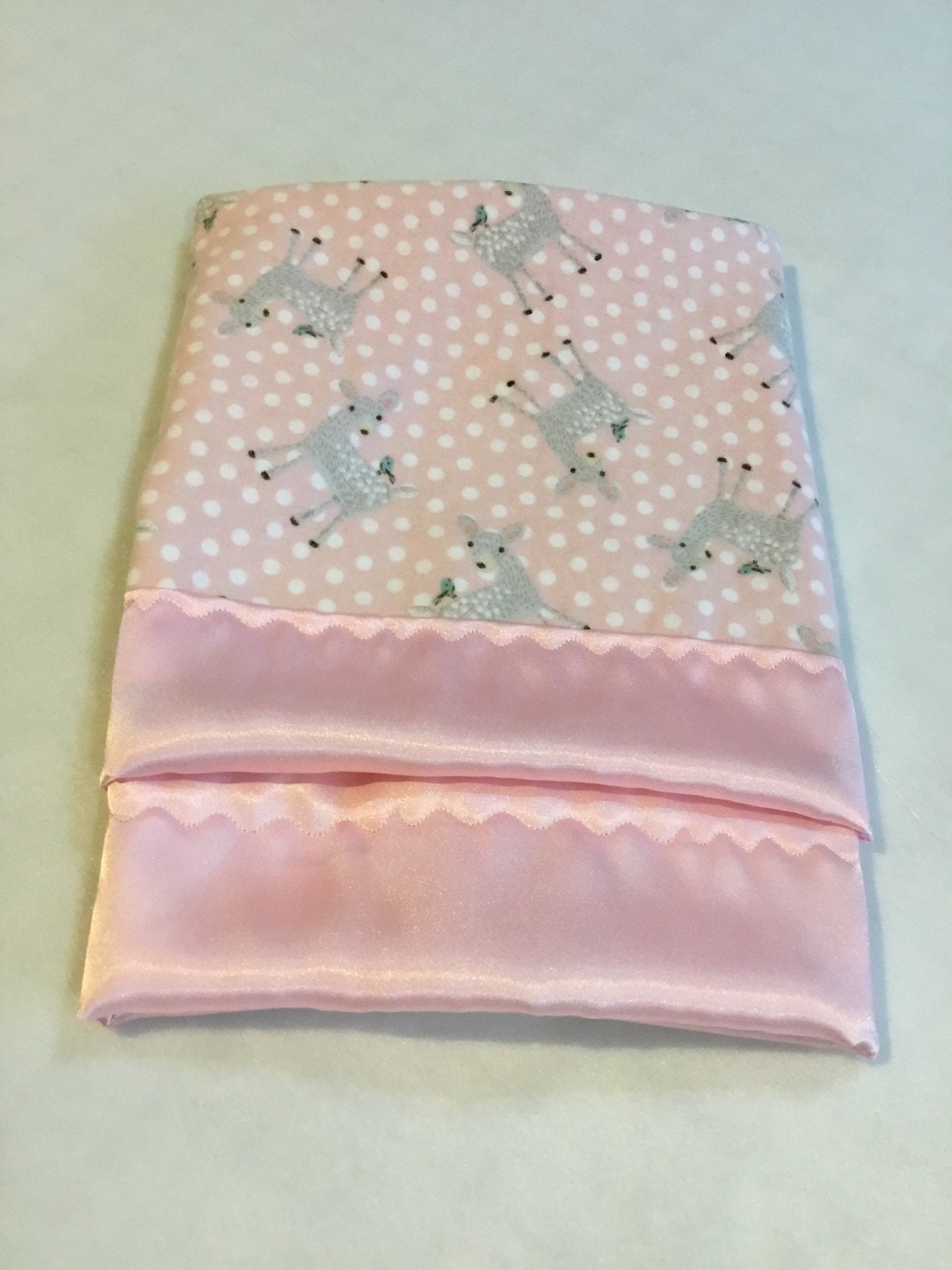 Lovey, baby blanket, crib blanket, silky blanket. Beautiful deer flannel front backed and edged