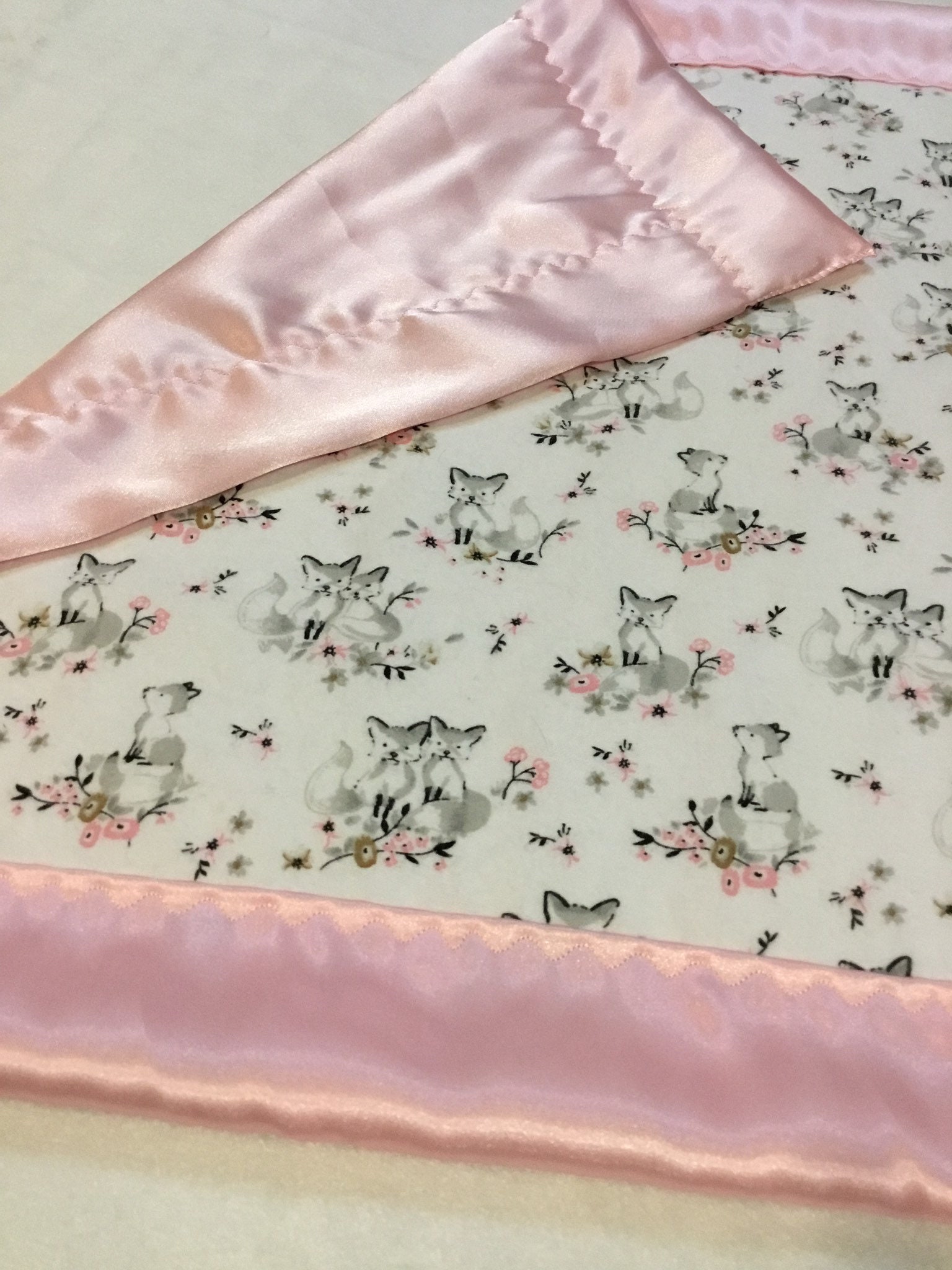 Lovey, baby blanket, crib blanket, silky blanket. Beautiful woodland flannel front, backed and