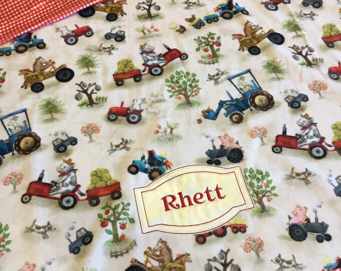 Plush farm silky baby blanket, cozy cuddle farm front, backed and edged with coordinating silky fabric, (Measures 30x40)