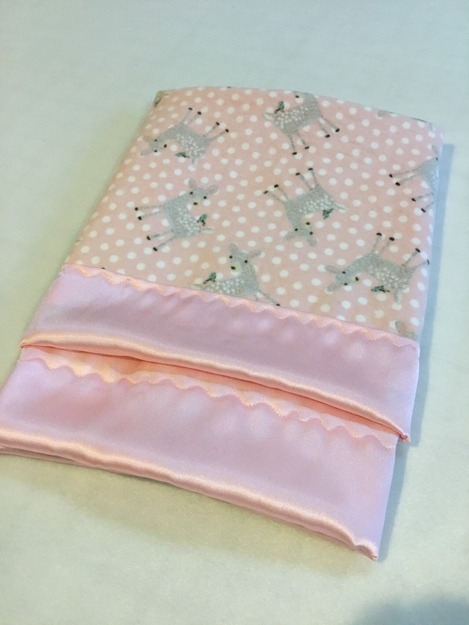 Lovey, baby blanket, crib blanket, silky blanket. Beautiful deer flannel front backed and edged