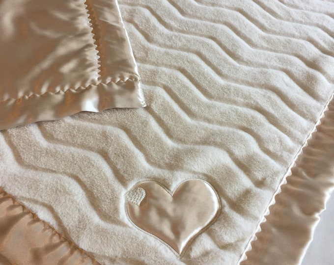 Custom Baby Blanket. Beautiful plush sand Minky front, backed and edged with coordinating soft and silky Charmeuse fabric. Baby blankets
