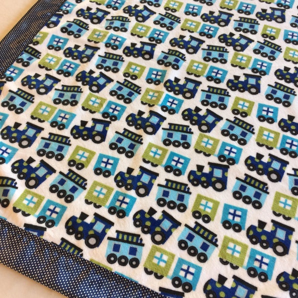 Baby Blanket, choo choo train, Minky Front ~ backed and edged with coordinating Silky ( measures 30x40)