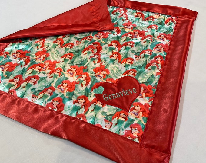 Disney little mermaid lovey, this lovey measures 20x20, Silky fabric front back and trim, Perfect baby shower gift for disney lovers