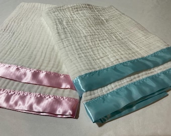 Baby Blanket, 6 layers of White cotton muslin edged with satin trim, this baby blanket measures approximately 40x40, Ready to ship