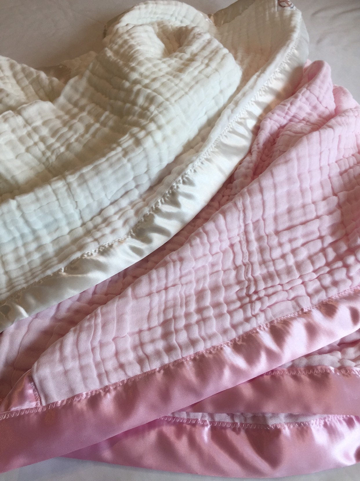 Baby Blanket, 6 layers of cotton muslin edged with satin trim, this