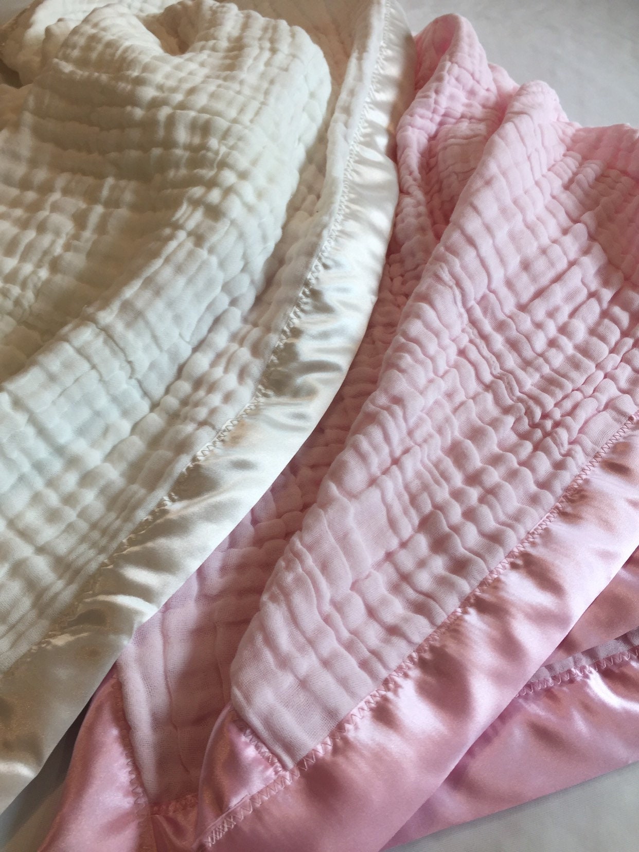 Baby Blanket, 6 layers of cotton muslin edged with satin trim, this