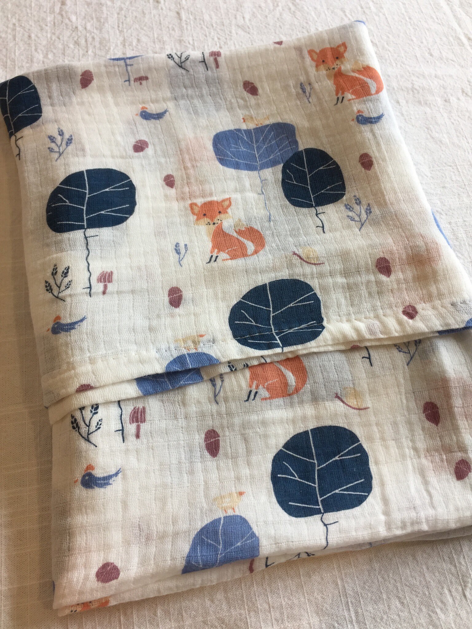 Double gauze swaddle, Muslin swaddle, fox, woodland swaddle blanket