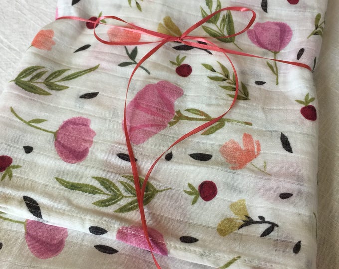 Gorgeous floral Double gauze swaddle, Muslin swaddle, swaddle blanket, newborn, light weight breathable baby blanket 45x45 ready to  ship