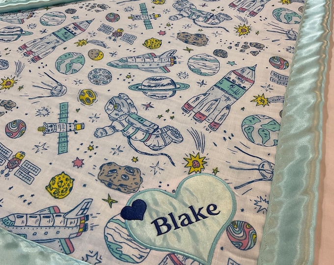 Spaceship double gauze backed and edged with silky soft Satin, 30x40 baby blanket, Light weight silky blanket, baby shower gift, baby gift