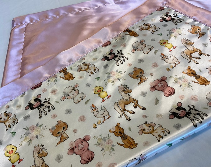 Farm Baby Blanket, horse cow chicken dog cow baby blanket, 30x36 silky baby blanket, silky front backed and edged with beautiful silky satin