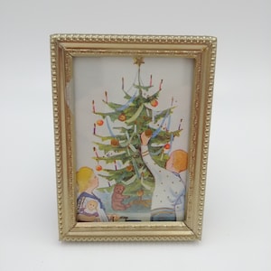 Vintage 1915 postal de Navidad enmarcada - niños y un árbol de Navidad